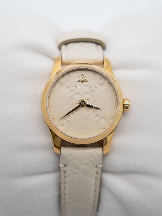 Gucci G-Timeless 27mm Gold PVD Bezel Cream Dial Watch YA126580A Leather Strap main image 8
